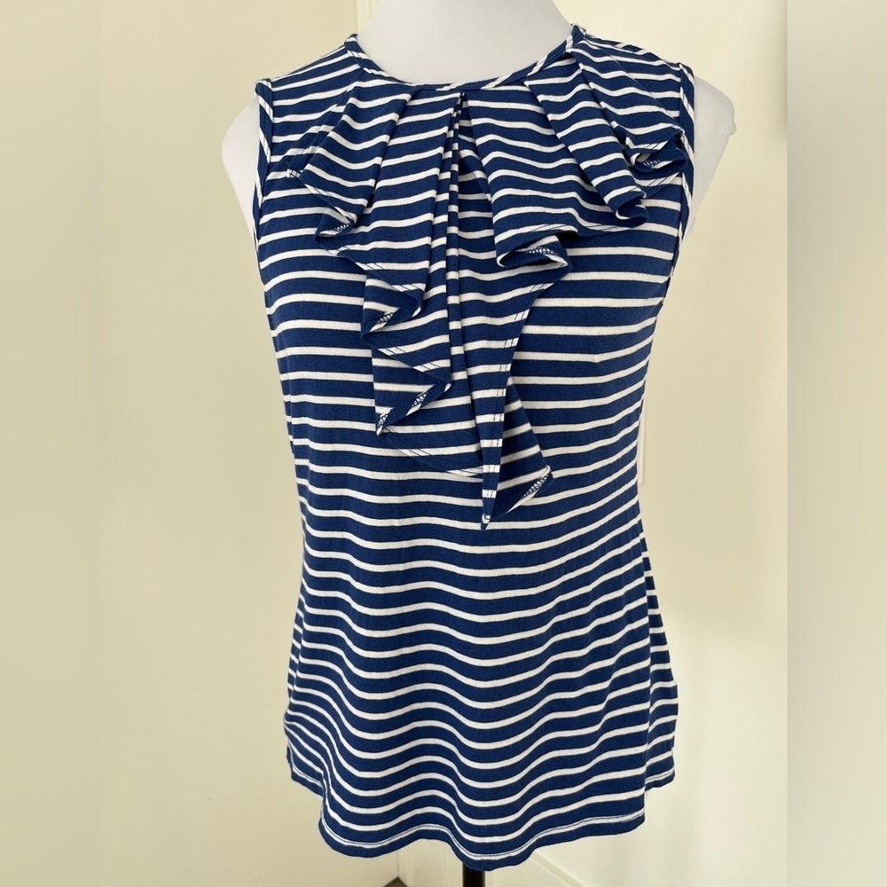 TRINA TURK Striped Tank Top Keyhole Neck Detail Back Front Ruffle Nautical Chic - Picture 2 of 12